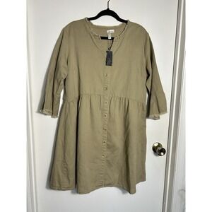 Ethyl Clothing Linen Cotton Button Down Dress Olive Green Frayed Hem L NWT